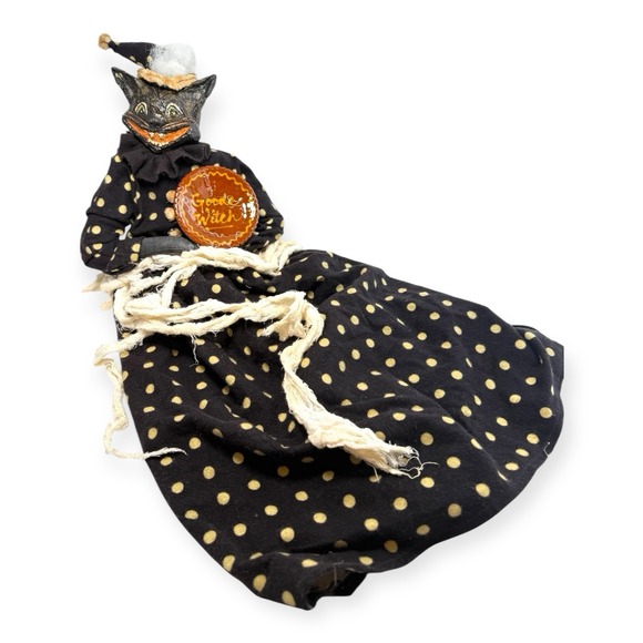 The Unbranded Brand Other - VTG Black Cat Halloween Doll "Goode Witch" Pie Folk Art Primitive 24" L Sitter